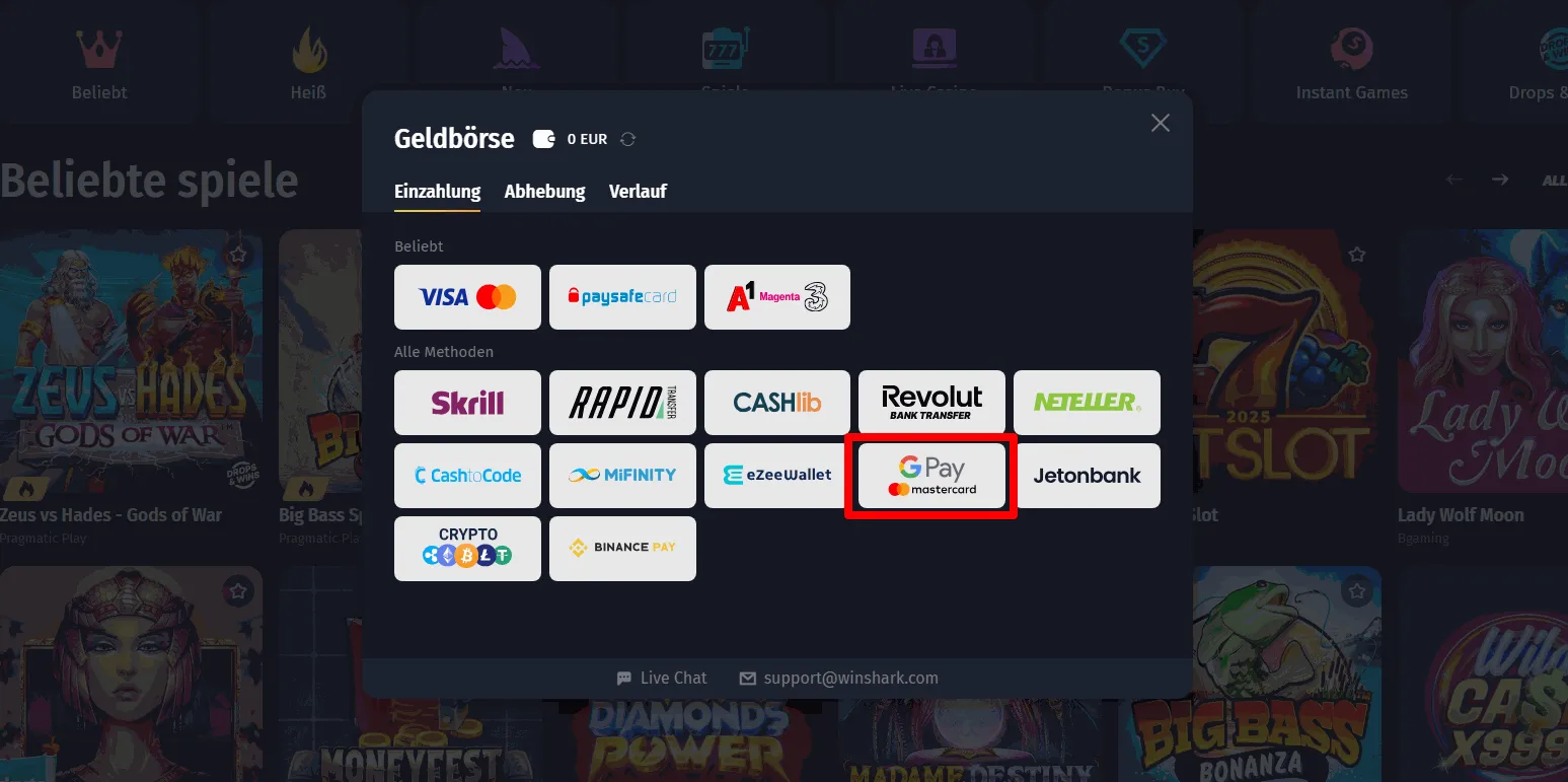 Winshark Casino mit Google Pay