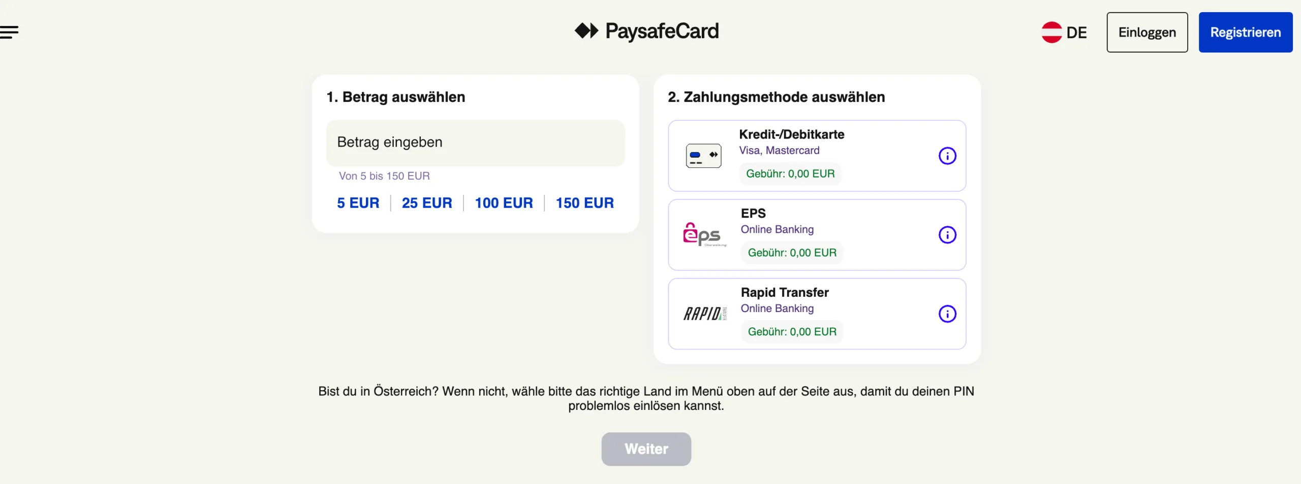 PaysafeCard online kaufen - Betrag auswahlen